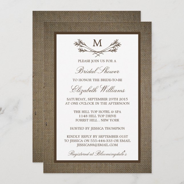 Rustic Monogram Branch On Burlap Bridal Shower Invitation (Front/Back)