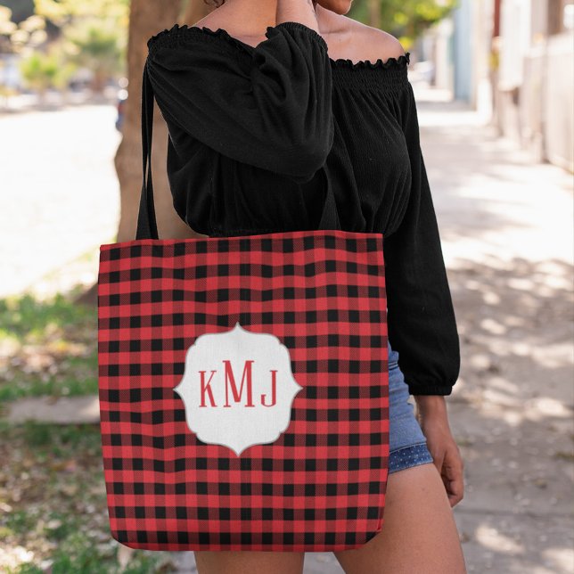 Rustic Monogram Buffalo Check Custom Tote Bag (Red and black tote bag with monogram. )