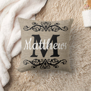 Rustic Monogram Burlap Look Cushion