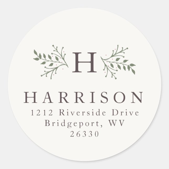 Rustic monogram Christmas holiday return address Classic Round Sticker (Front)