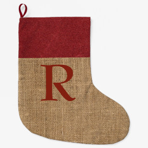 Rustic MONOGRAM Christmas Stocking Red Faux Burlap