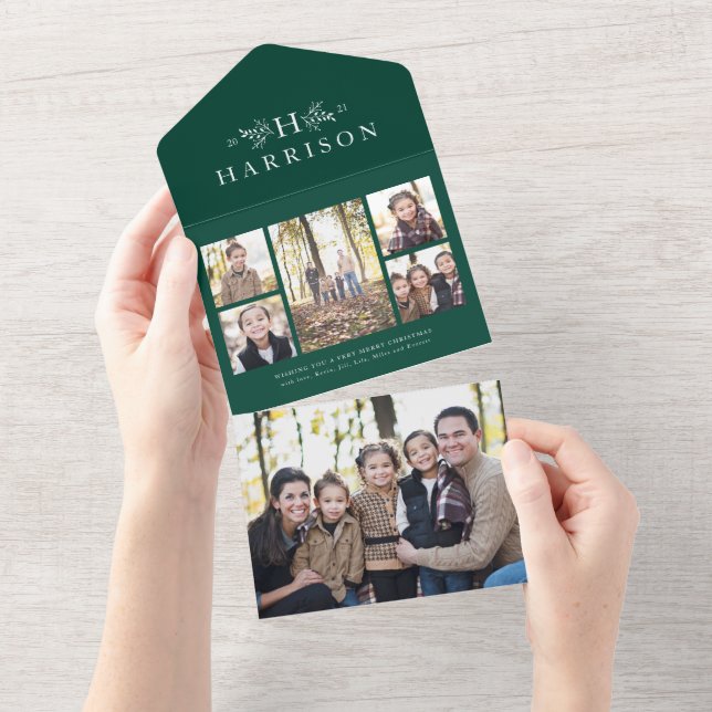 Rustic monogram collage trifold green Christmas All In One Invitation (Tearaway)