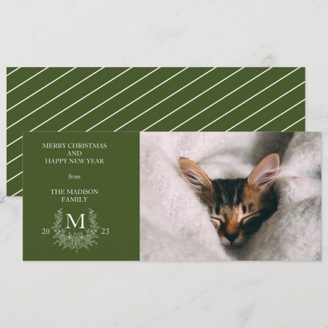 Rustic monogram Dark Green holiday photo card (Front/Back)