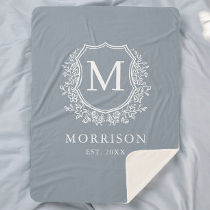 Rustic Monogram Dusty Blue Crest Newlywed Wedding Sherpa Blanket