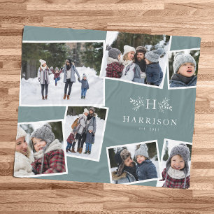 Rustic monogram family collage 7 photo teal fleece blanket