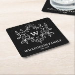 Rustic Monogram Family Name Black and White Square Paper Coaster<br><div class="desc">These stylish coasters feature a monogram initial surrounded by a wreath of branches and leaves along with last name and date family was established on a black background. MORE colours and matching designs in our collection.</div>