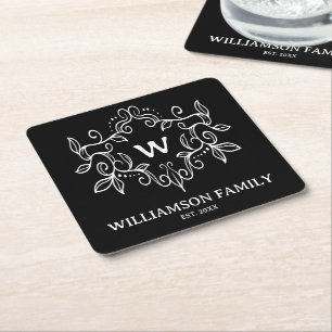 Rustic Monogram Family Name Black and White Square Paper Coaster