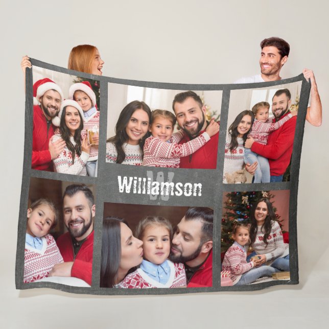 Rustic Monogram Family Photo Collage Chalkboard Fleece Blanket (In Situ)