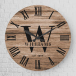 Rustic Monogram Farmhouse Custom Family Name<br><div class="desc">Personalised Family Name, monogram, and year established Rustic Modern Wall clock in a trendy farmhouse style design with roman numeral clock face and light white wood plank / shiplap backdrop design. Perfect gift for newlyweds, wedding or housewarming present or grandparents gift, or for a home make-over in your cabin, cottage,...</div>
