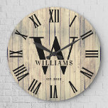Rustic Monogram Farmhouse Custom Family Name<br><div class="desc">Personalised Family Name, monogram, and year established Rustic Modern Wall clock in a trendy farmhouse style design with roman numeral clock face and light white wood plank / shiplap backdrop design. Perfect gift for newlyweds, wedding or housewarming present or grandparents gift, or for a home make-over in your cabin, cottage,...</div>
