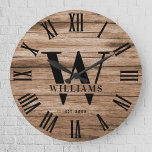 Rustic Monogram Farmhouse Custom Family Name Large Clock<br><div class="desc">Personalised Family Name, monogram, and year established Rustic Modern Wall clock in a trendy farmhouse style design with roman numeral clock face and light white wood plank / shiplap backdrop design. Perfect gift for newlyweds, wedding or housewarming present or grandparents gift, or for a home make-over in your cabin, cottage,...</div>