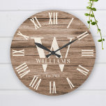 Rustic Monogram Farmhouse Custom Family Name Retro<br><div class="desc">Personalised Family Name, monogram, and year established Rustic Modern Wall clock in a trendy farmhouse style design with roman numeral clock face and light white wood plank / shiplap backdrop design. Perfect gift for newlyweds, wedding or housewarming present or grandparents gift, or for a home make-over in your cabin, cottage,...</div>