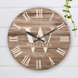 Rustic Monogram Farmhouse Custom Family Name Retro Large Clock<br><div class="desc">Personalised Family Name, monogram, and year established Rustic Modern Wall clock in a trendy farmhouse style design with roman numeral clock face and light white wood plank / shiplap backdrop design. Perfect gift for newlyweds, wedding or housewarming present or grandparents gift, or for a home make-over in your cabin, cottage,...</div>