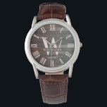 Rustic Monogram Farmhouse Custom Family Name Retro Watch<br><div class="desc">Personalised Family Name, monogram, and year established Rustic Modern watch in a trendy farmhouse style design with roman numeral clock face and dark wood plank / shiplap backdrop design. Perfect gift for newlyweds, wedding or housewarming present or grandparents gift, or for a home make-over in your cabin, cottage, or country...</div>