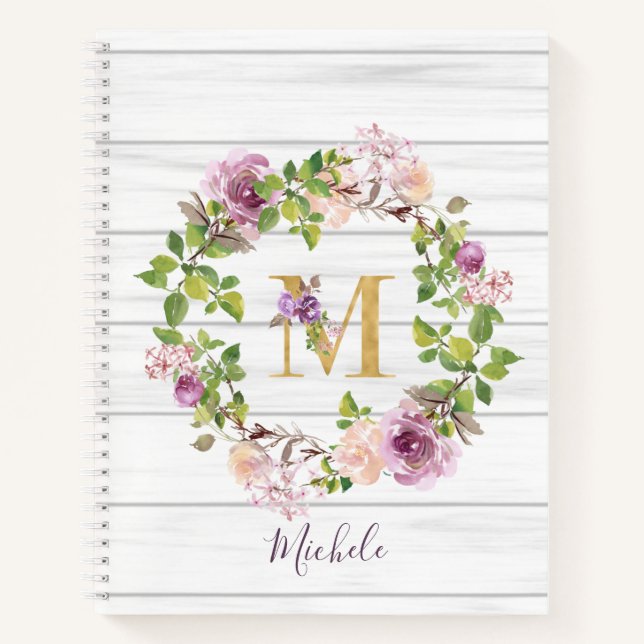 Rustic Monogram Gold M Name Floral Wreath Notebook (Front)