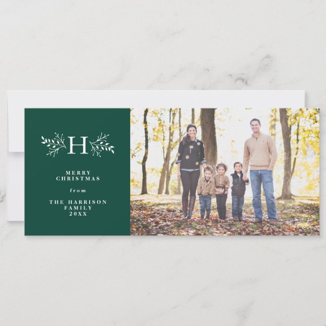 Rustic monogram green holiday photo card (Front)