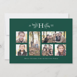 Rustic monogram green holiday photo collage card