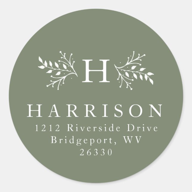 Rustic monogram green return address sticker (Front)