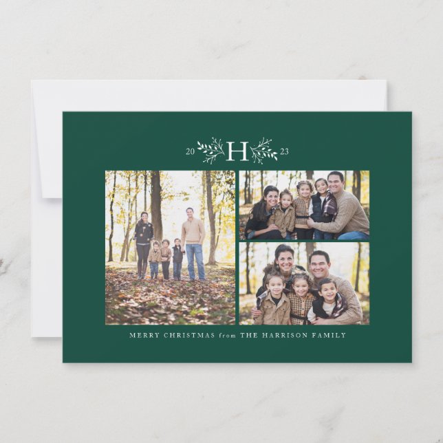 Rustic monogram green three photo holiday card (Front)