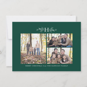 Rustic monogram green three photo holiday card