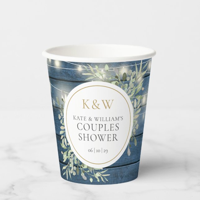 Rustic Monogram Greenery Couples Wedding Shower Paper Cups (Front)