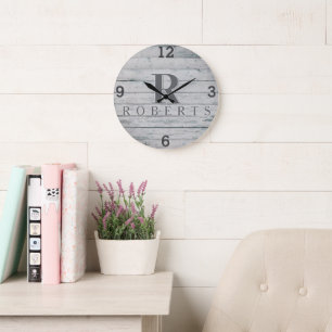 Rustic Monogram Grey Driftwood Clock