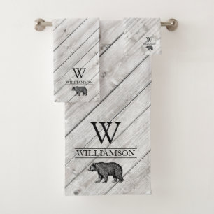 Rustic Monogram Grey Wood Walking Bear Family Name Bath Towel Set