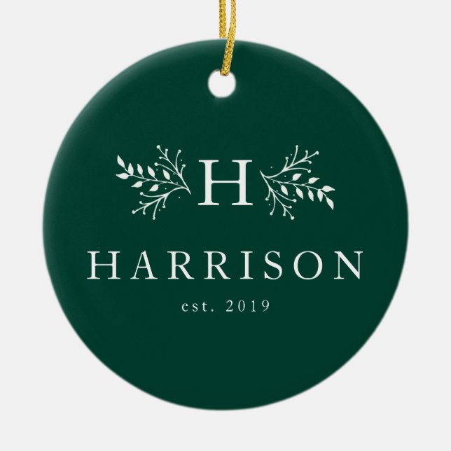 Rustic monogram hunter green newlywed photo ceramic tree decoration (Front)