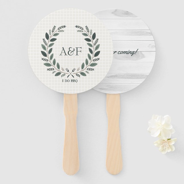 Rustic Monogram I Do BBQ Wedding Shower Hand Fan (Front and Back)