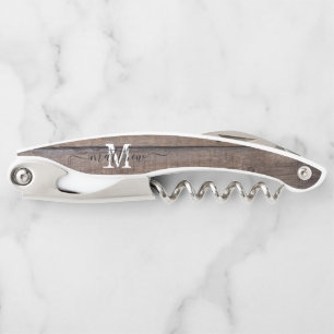 Rustic Monogram Initial Script Bottle Custom Corkscrew
