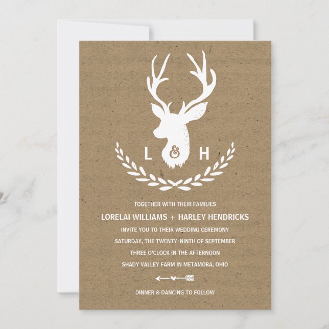 Rustic Monogram | Kraft Paper Stag Wedding Invitation (Front)