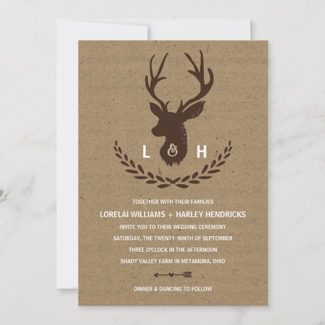 Rustic Monogram | Kraft Paper Stag Wedding Invitation (Front)