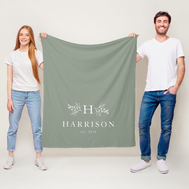 Rustic monogram light sage green personalised fleece blanket (In Situ)