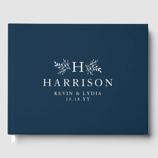 Rustic monogram navy blue classic wedding guest book (Front)