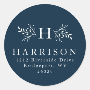 Rustic monogram navy blue return address classic round sticker