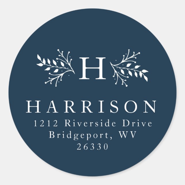 Rustic monogram navy blue return address classic round sticker (Front)