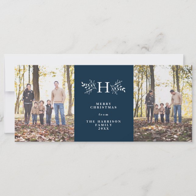 Rustic monogram navy blue two-photo holiday card (Front)