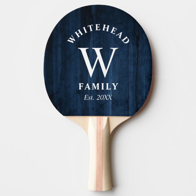Rustic Monogram Navy Blue Wood Ping Pong Paddle (Front)