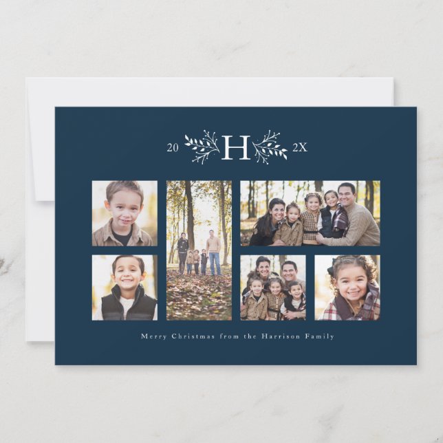 Rustic monogram navy holiday photo collage card (Front)