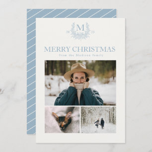 Rustic monogram Pewter Blue personalised initial Holiday Card