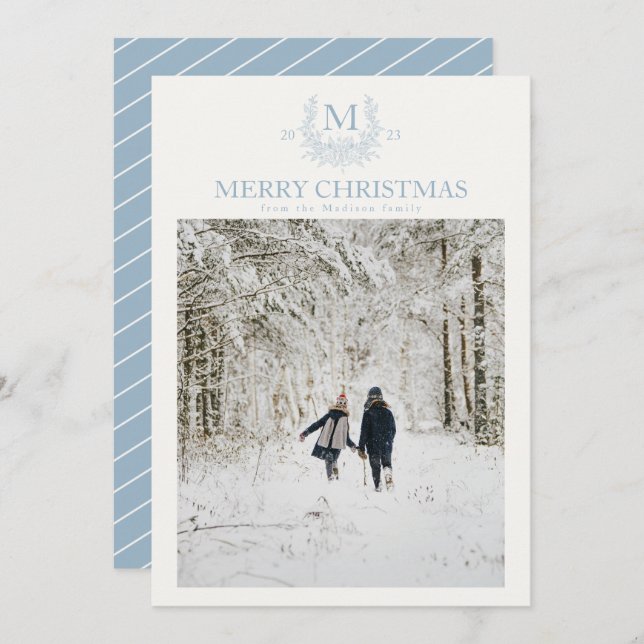 Rustic monogram Pewter Blue personalised initial  Holiday Card (Front/Back)
