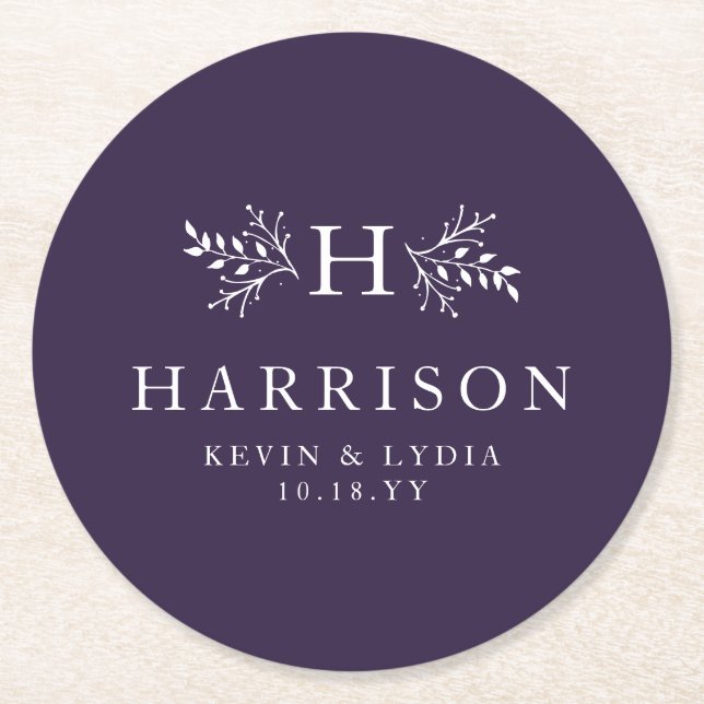 Rustic monogram plum purple fall winter wedding round paper coaster (Front)