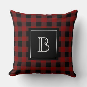 Rustic Monogram Red Black Buffalo Check Plaid Cushion