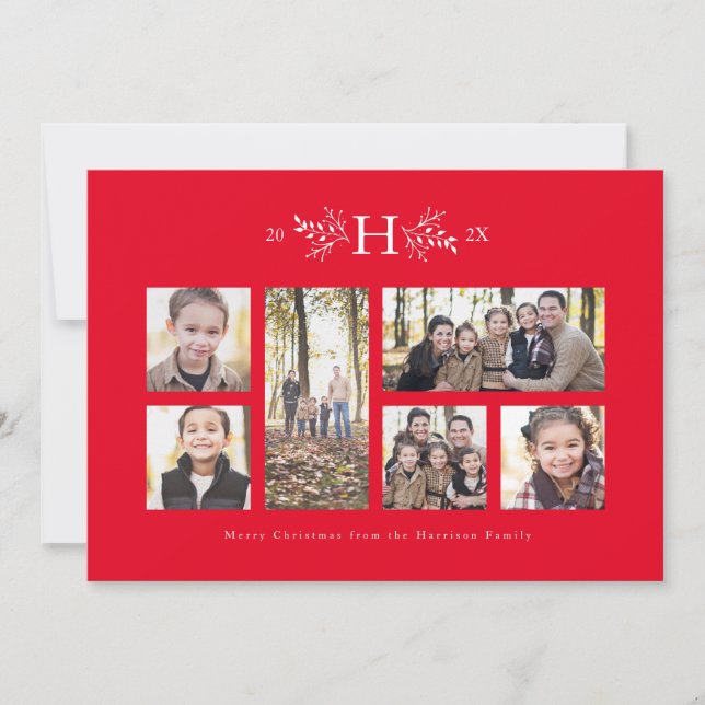Rustic monogram red  holiday photo collage card (Front)
