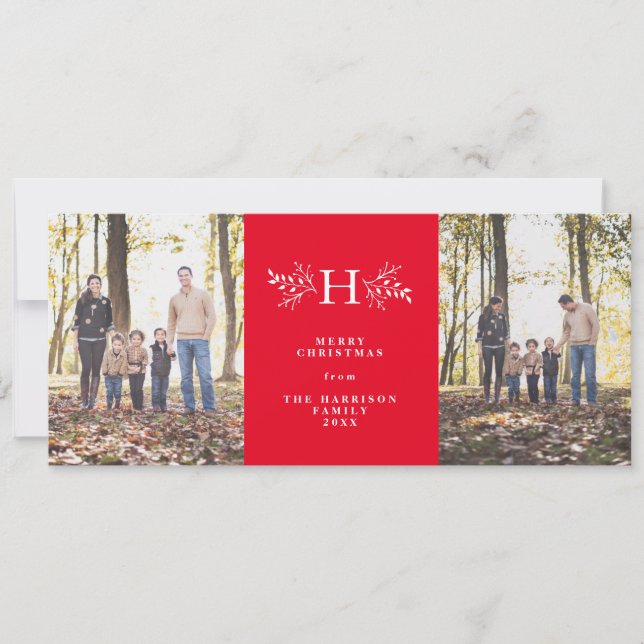Rustic monogram red two-photo holiday card (Front)