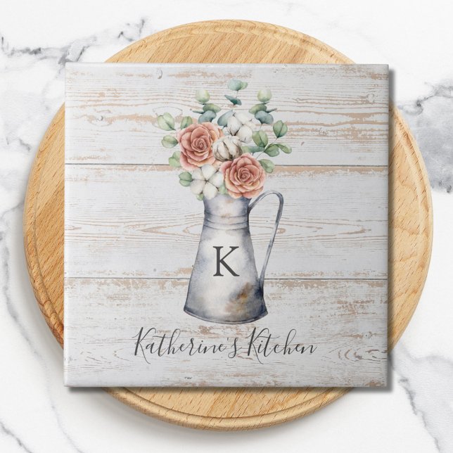 Rustic Monogram Rose Cotton Eucalyptus in a jug Tile (Close up)