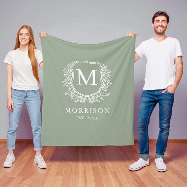 Rustic Monogram Sage Green Crest Newlywed Wedding Fleece Blanket (Creator Uploaded)