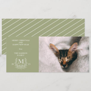 Rustic monogram Sage Green holiday photo card