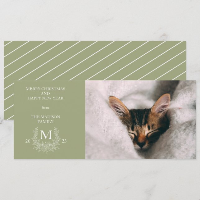 Rustic monogram Sage Green holiday photo card (Front/Back)