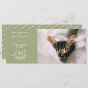Rustic monogram Sage Green holiday photo card